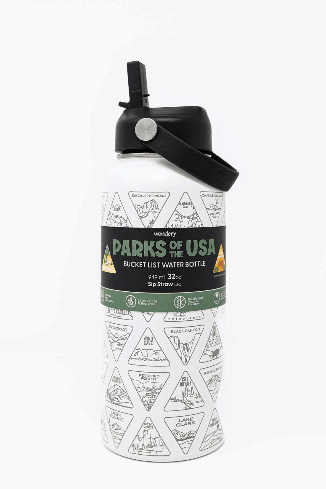 USA National parks lightweight travel water bottle with handle in white