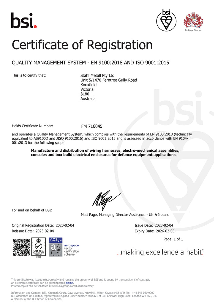 AS 9100D (Aerospace) and ISO 9001-2015 - BSI Certificate Number FM 716045