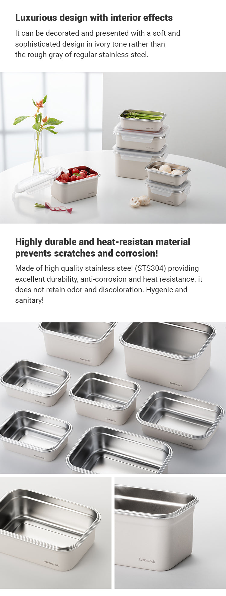 LocknLock's Stainless Ivory Containers are made of tough STS304.