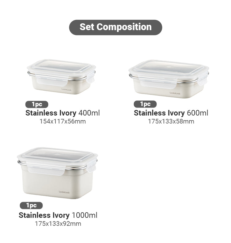 Stainless Set of 3 Ivory Containers