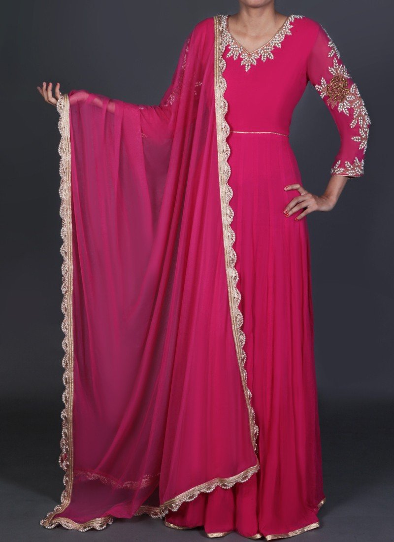 Hot Pink Embroidered Anarkali- Indian Clothing in Denver, CO, Aurora, CO, Boulder, CO, Centennial, CO, Fort Collins, CO, Colorado Springs, CO, Cherry Creek, CO, Highlands Ranch, CO, and Longmont, CO. Nationwide shipping, USA - India Fashion X
