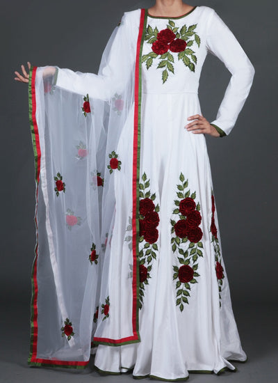 White Floral Embroidered Anarkali- Indian Clothing in Denver, CO, Aurora, CO, Boulder, CO, Centennial, CO, Fort Collins, CO, Colorado Springs, CO, Cherry Creek, CO, Highlands Ranch, CO, and Longmont, CO. Nationwide shipping, USA - India Fashion X