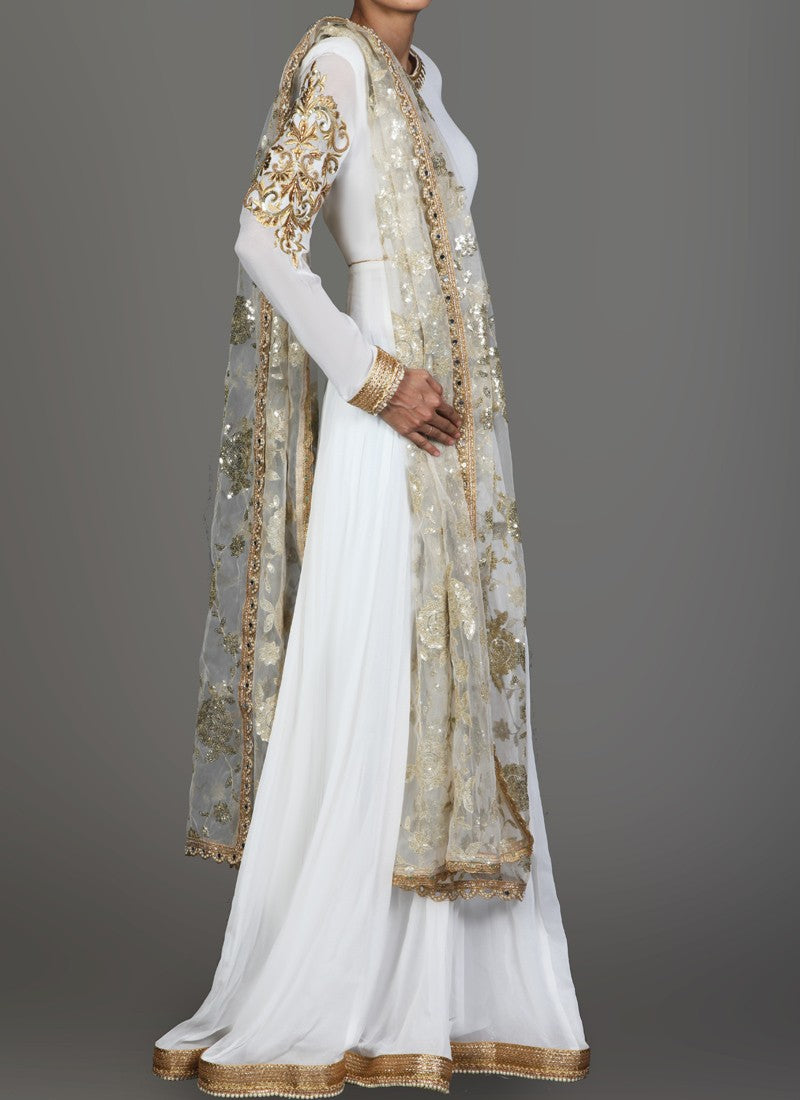 White and Gold Embroidered Georgette Anarkali - Indian Clothing in Denver, CO, Aurora, CO, Boulder, CO, Fort Collins, CO, Colorado Springs, CO, Parker, CO, Highlands Ranch, CO, Cherry Creek, CO, Centennial, CO, and Longmont, CO. Nationwide shipping USA - India Fashion X