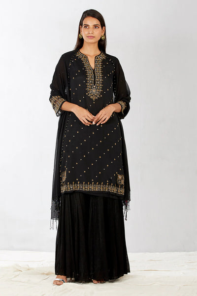 Black Embroidered Sharara Set- Indian Clothing in Denver, CO, Aurora, CO, Boulder, CO, Centennial, CO, Fort Collins, CO, Colorado Springs, CO, Cherry Creek, CO, Highlands Ranch, CO, and Longmont, CO. Nationwide shipping, USA - India Fashion X