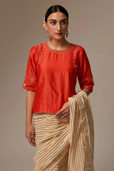 Orange Chanderi Silk Blouse- Indian Clothing in Denver, CO, Aurora, CO, Boulder, CO, Centennial, CO, Fort Collins, CO, Colorado Springs, CO, Cherry Creek, CO, Highlands Ranch, CO, and Longmont, CO. Nationwide shipping, USA - India Fashion X