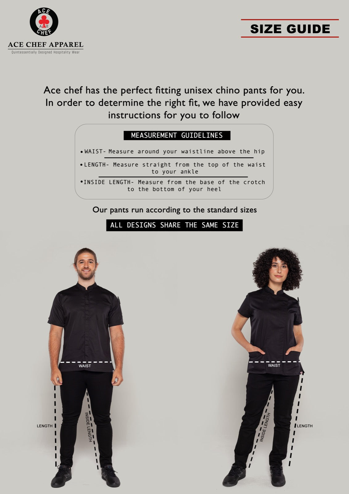 size guide for mens and women chef pants 