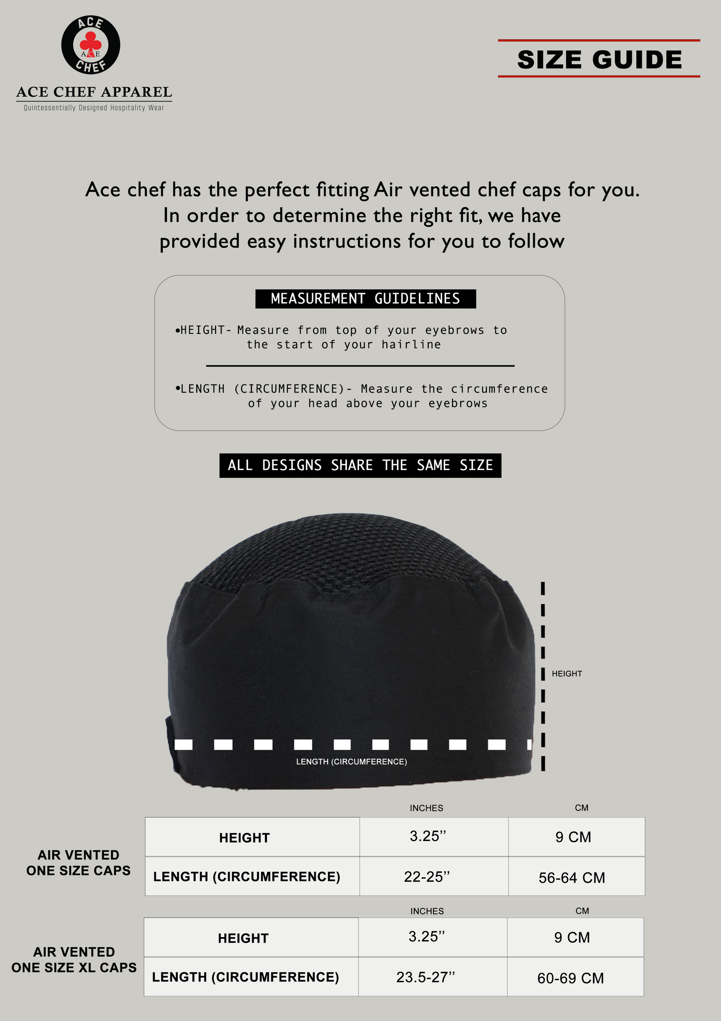 Air vented chef cap measurements