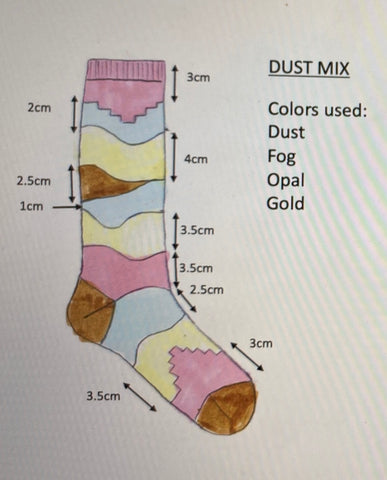 sketch of ellsworth knee socks in dust mix showing exact dimensions of each wave and color