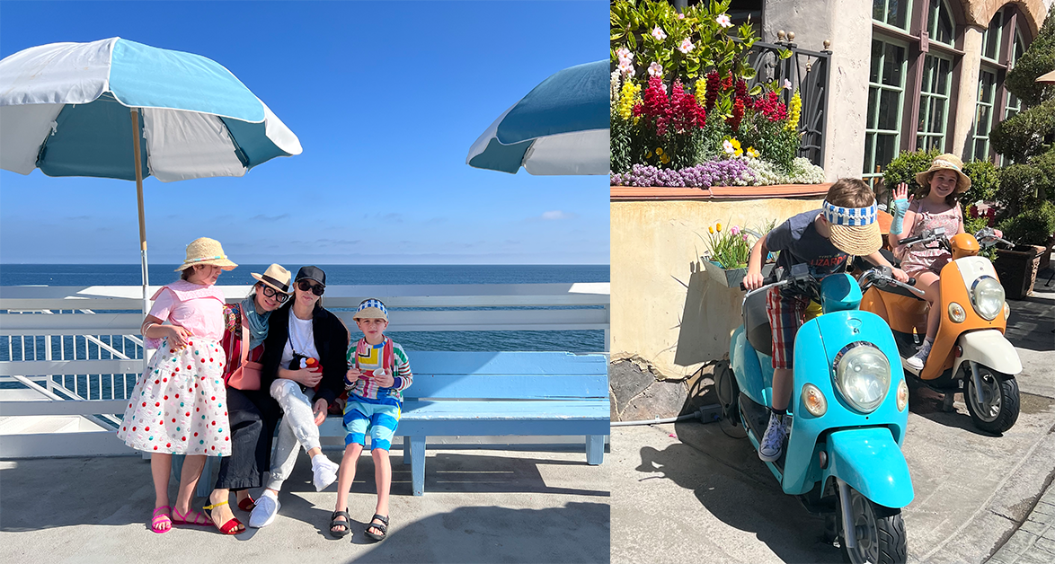 photo of tia and her family on a pier in Malibu, next to a photo of tia's children on blue and orange scooters