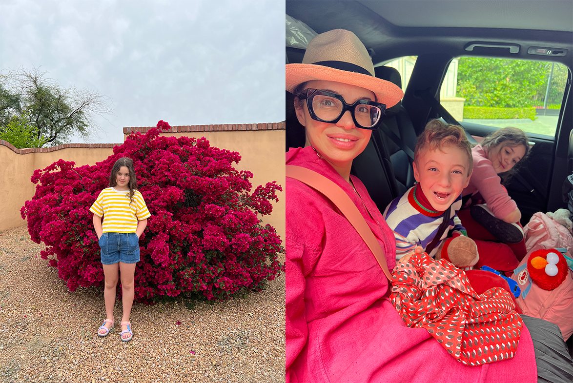 photo of tia's daughter standing in front of a pink bush, next to a photo of tia and her family sitting in the backseat of a car