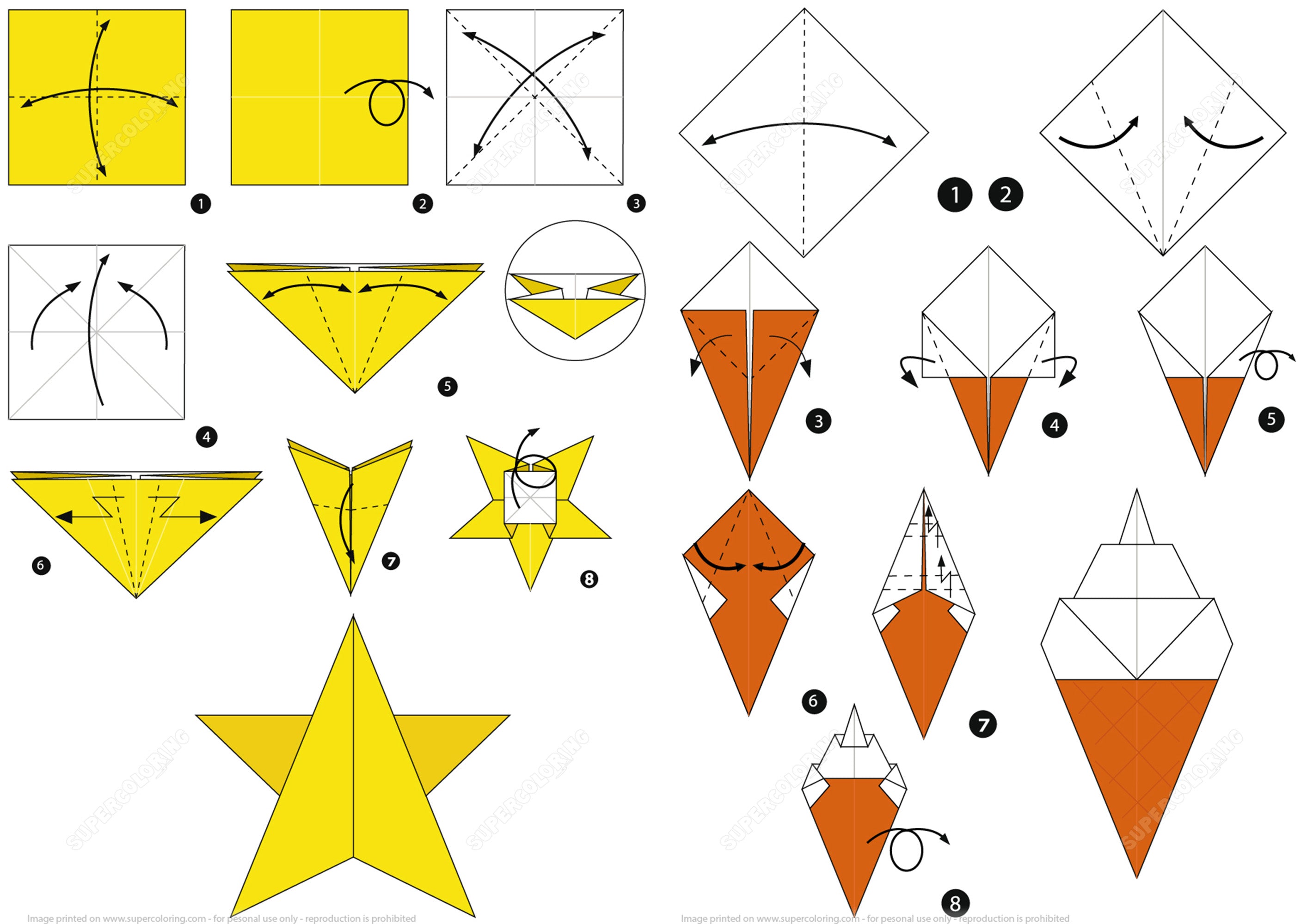 Instructions on how to fold an origami star shape on the left, instructions on how to fold an origami ice cream cone