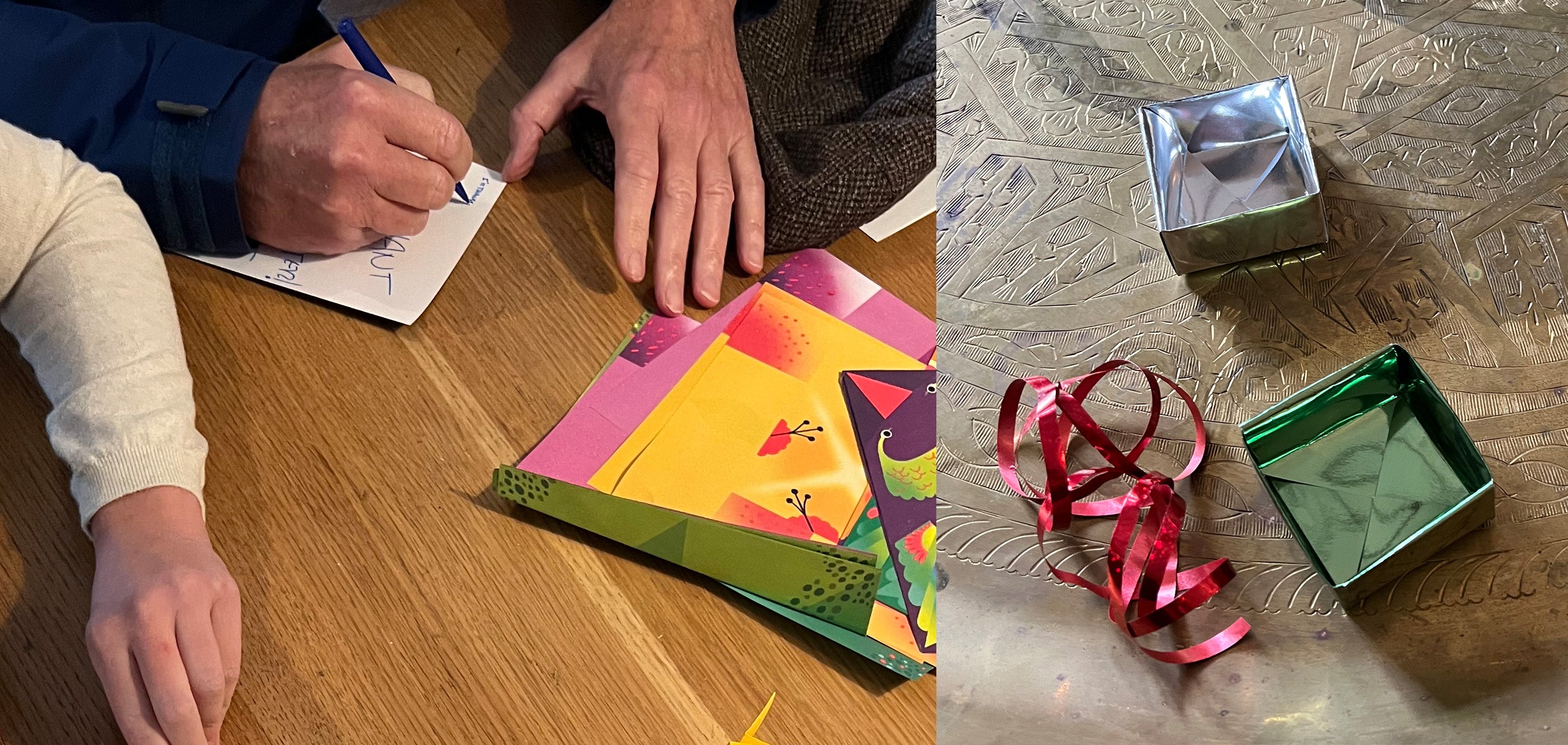 image on left of someone writing on a piece of paper, image on right of an opened silver and green origami box ornament laying on a metal tray