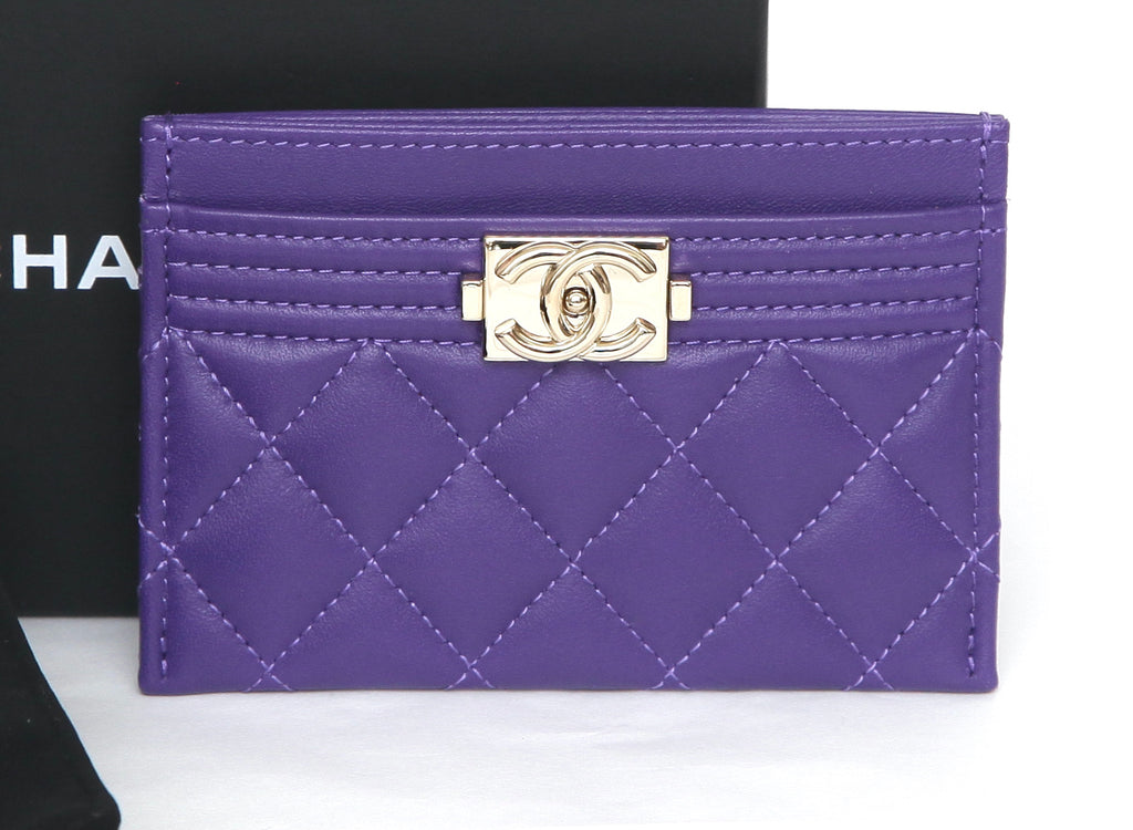 CHANEL Purple Lambskin Leather BOY Card Holder Wallet Gold HW 19K NEW - Evesherfashion