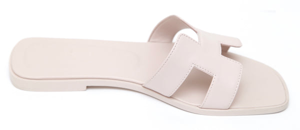 HERMES Oran Sandal Rose Petale Calfskin Leather Flat Slide Light Pink Sz 38 - Evesherfashion