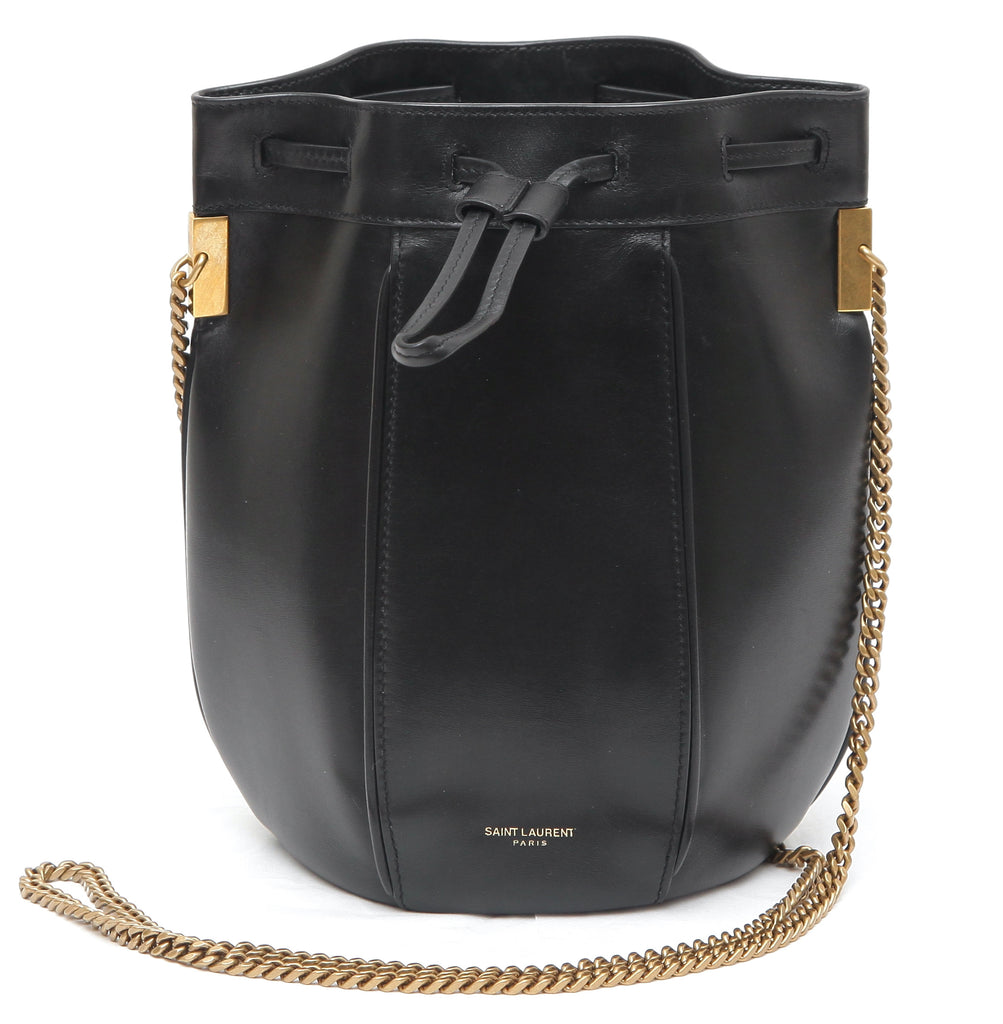 SAINT LAURENT Black Leather Small TALITHA Bucket Bag Shoulder Gold Drawstring - Evesherfashion