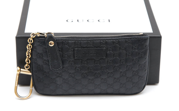 GUCCI Black Leather Coin Pouch Wallet MICRO GG Guccissima Key Chain Zip Top - Evesherfashion