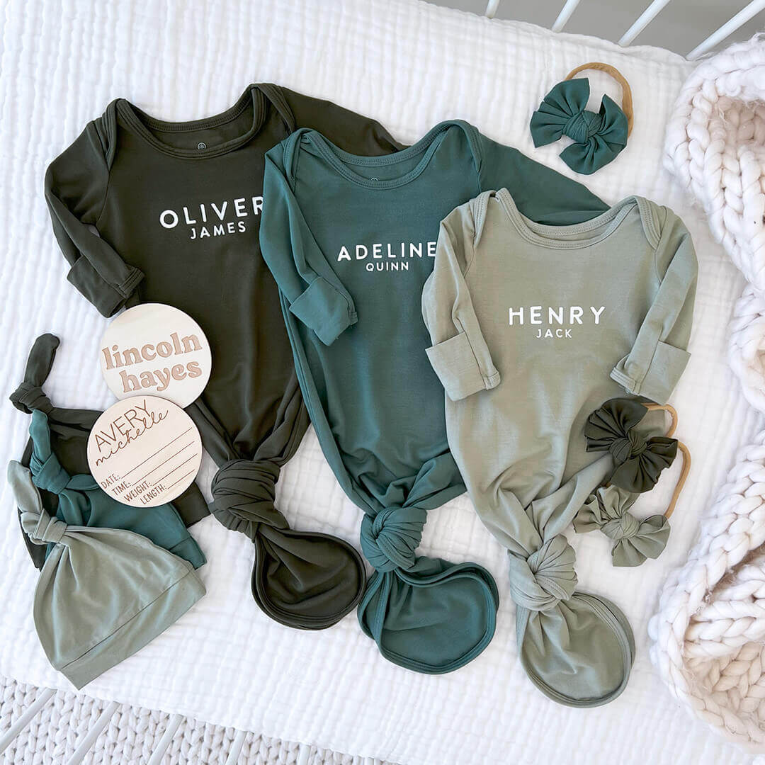 Image of Personalized Bamboo Newborn Baby Knot Gown & Hat | Garden Greens - Block