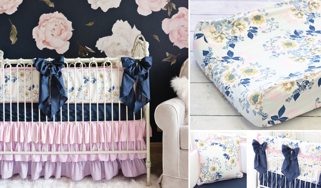 navy and pink floral crib bedding