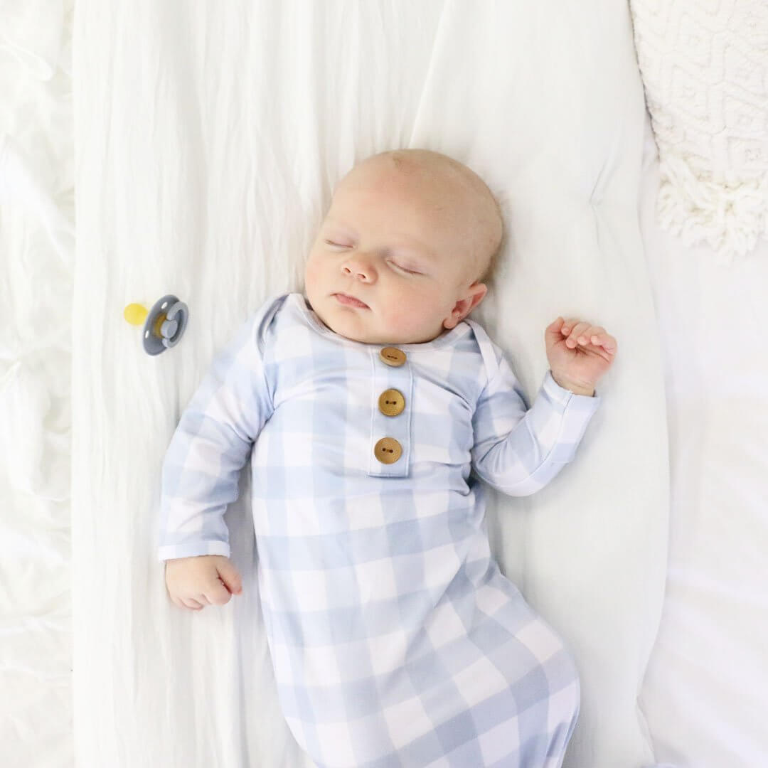 Image of Dusty Blue Gingham Newborn Baby Knot Gown & Hat Set
