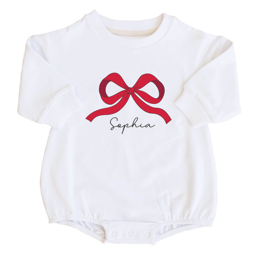 Personalized Red Bow Graphic Sweatshirt Bubble Romper | White