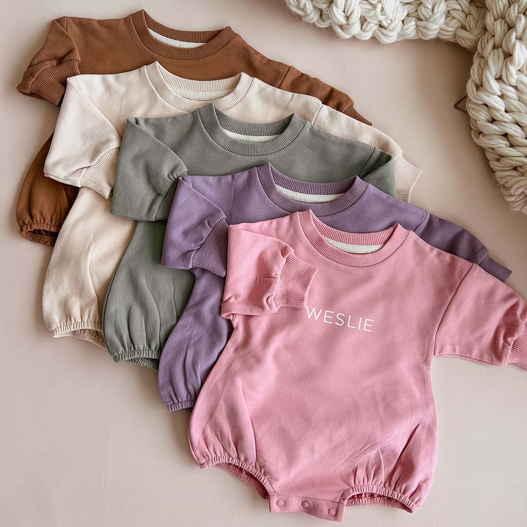 Personalized Sweatshirt Bubble Romper in Solid Colors | Caden Lane