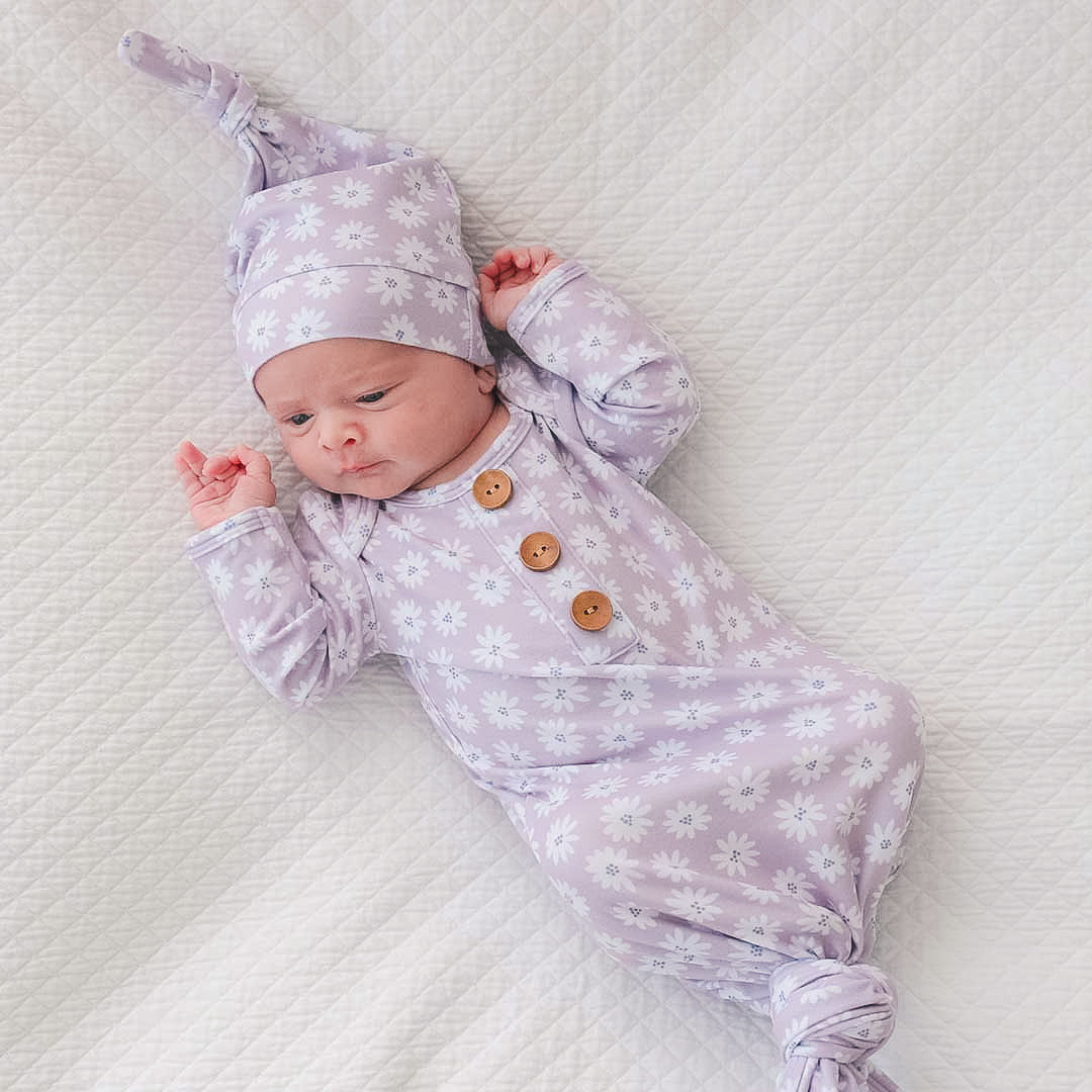 Purple Daisy Newborn Baby Knot Gown & Hat