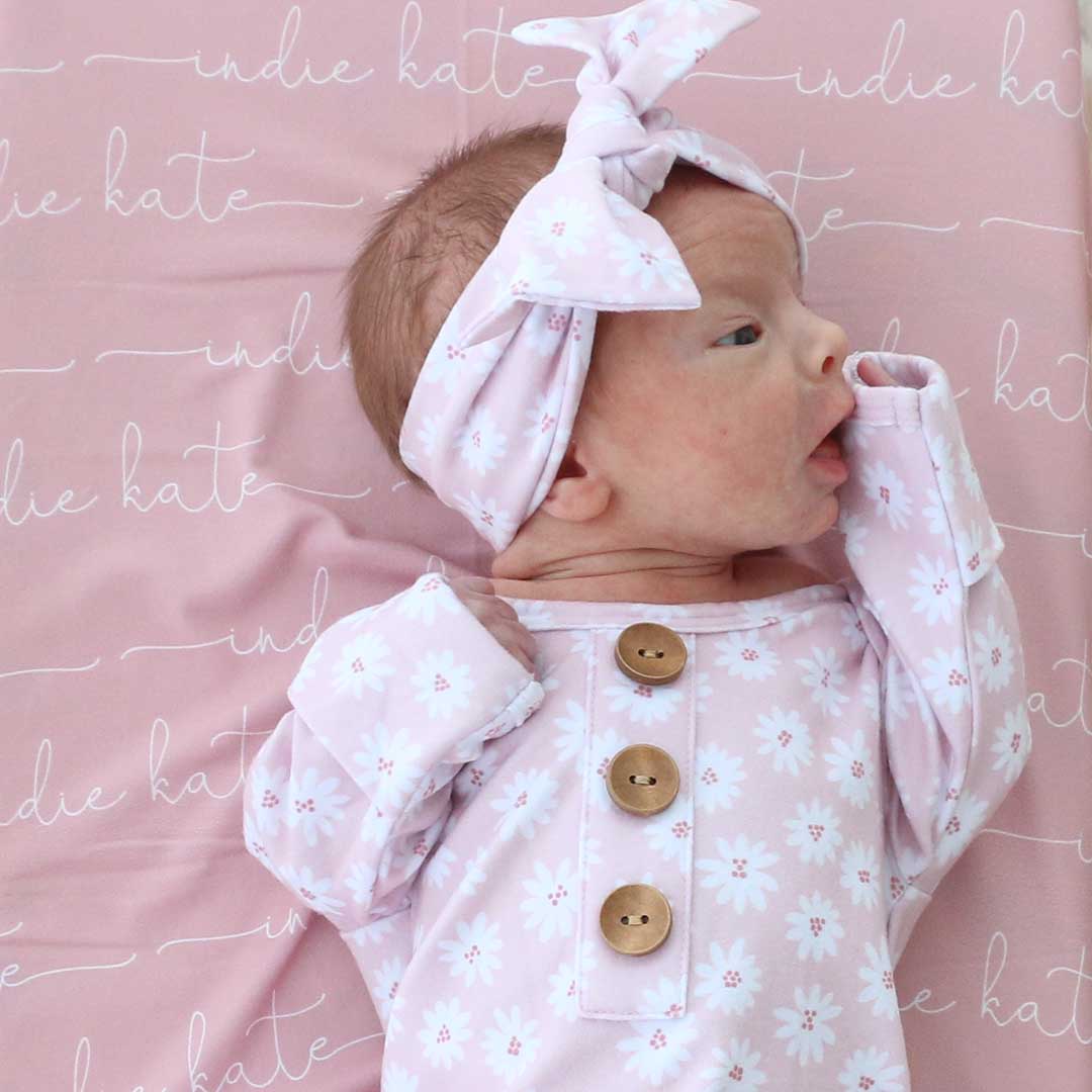Pink Daisy Newborn Baby Knot Gown & Hat
