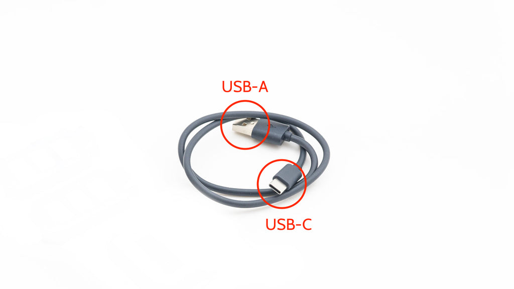 A USB-C to USB-A cable, with the ports circled and labeled