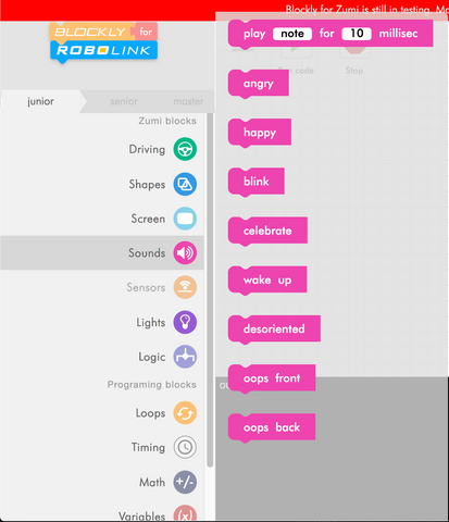 Zumi Blockly sound blocks