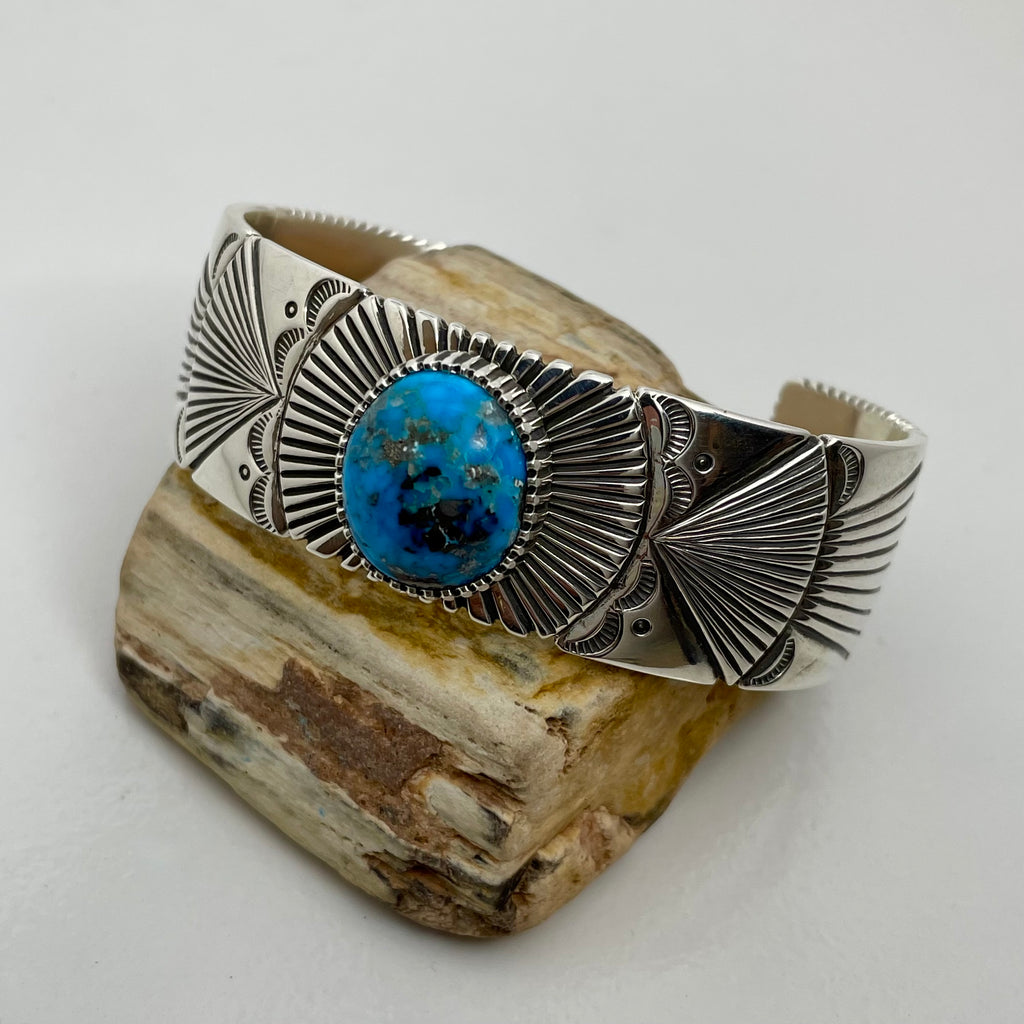 Morenci Turquoise and Silver Cuff Bracelet, by Ivan Howard– Raven