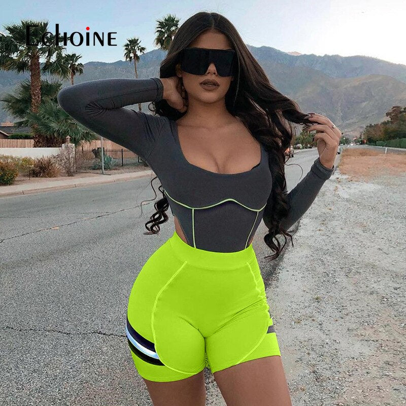 Fashion Fluorescent Color Biker Activewear Shorts Womens Neon Green Pink Orange Summer Activewear High Waisted Stretchy Shorts