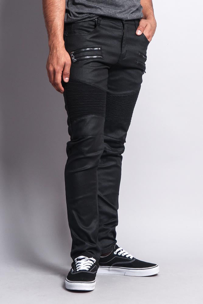 black coated biker jeans