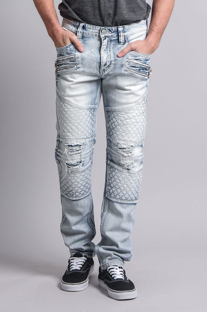 washed biker jeans