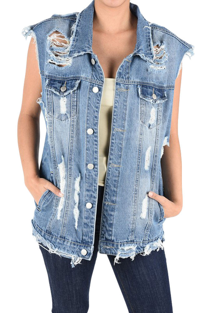 Women's Oversized Destroyed Denim Vest – G-Style USA