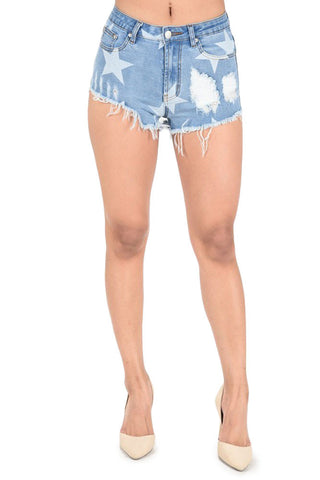 star print denim shorts