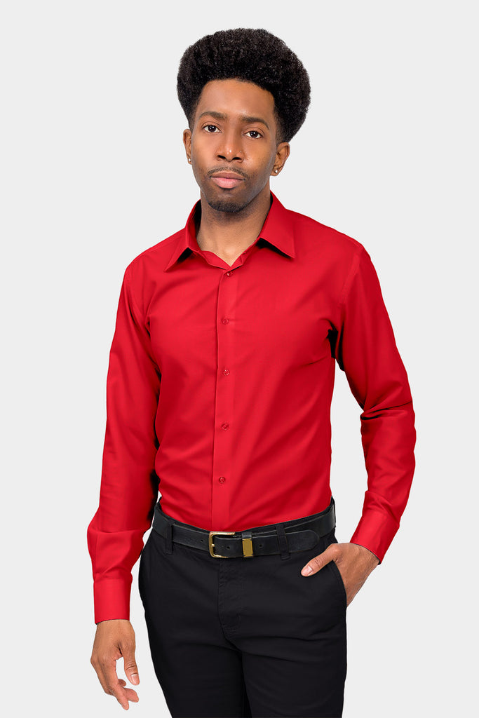 Slim Fit Solid Color Dress Shirt (Red 