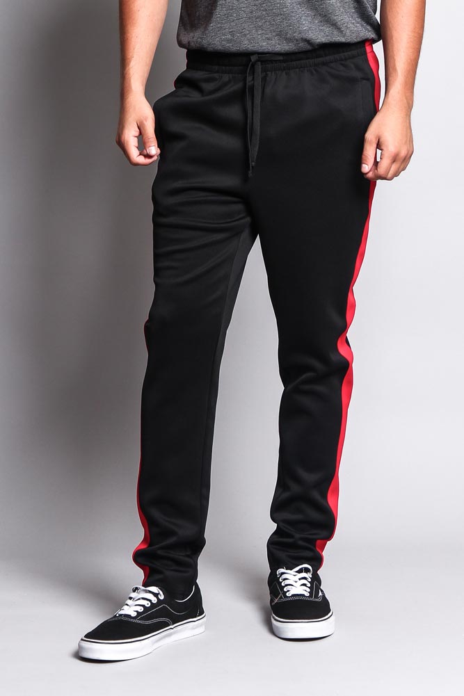 black track pants with red stripe