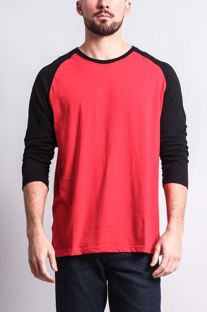 black baseball shirt with red sleeves