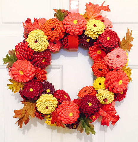 pine cone zinnia wreath