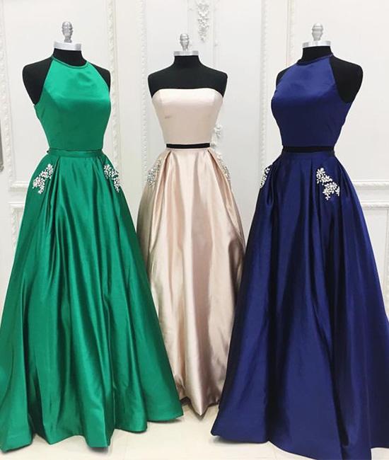 Simple satin two pieces long prom dress 