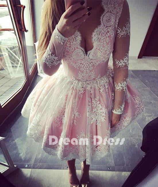 cute pink lace short prom dresses, pink lace homecoming dresses,PD2500