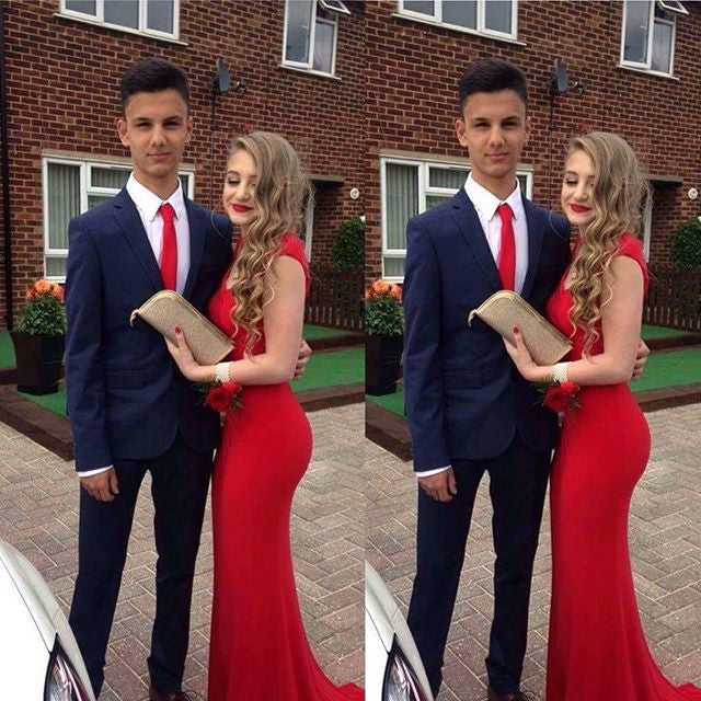 red prom dress with grey tux