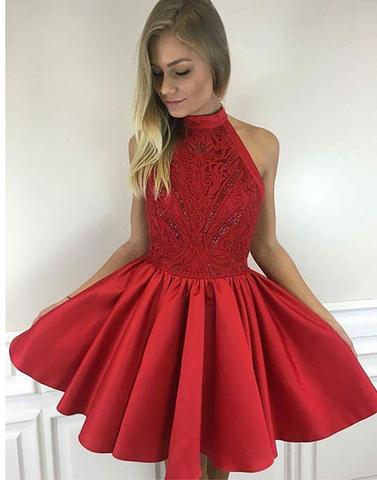 Cute red A line high neck short prom dress, homecoming dress,PD0907