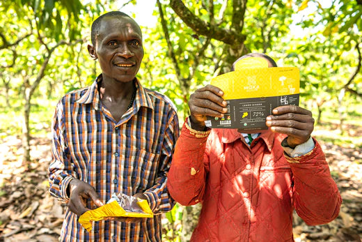 Ugandan Cacao Farmer holds Moka Origins Lemon Ginger Bar