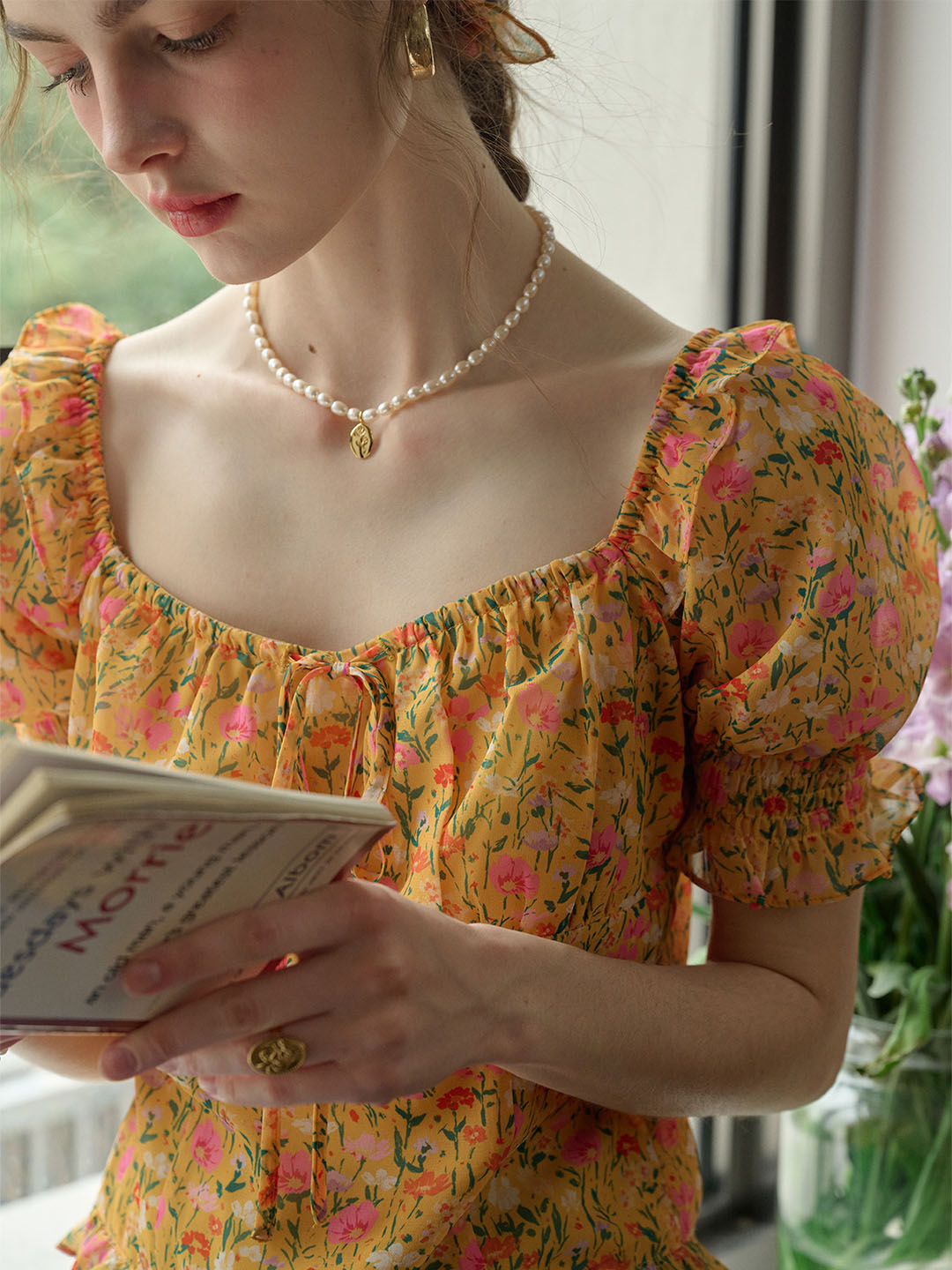 Alivia Floral Print Tie Neck Heart Shaped Collar Orange Blouse