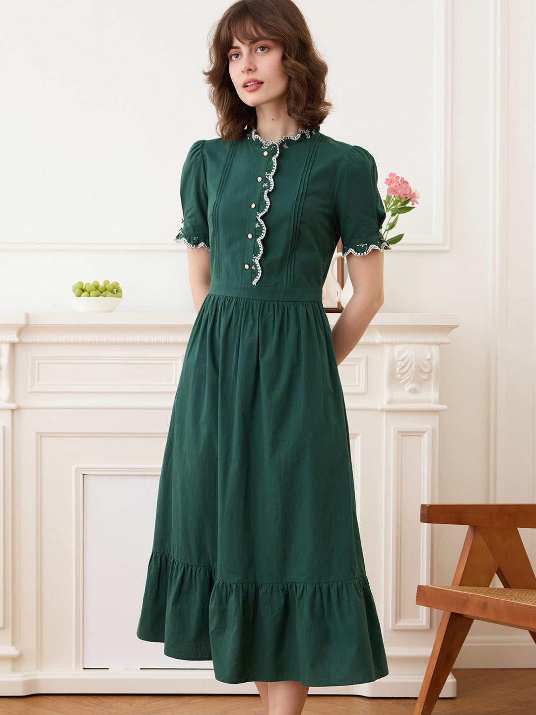 Romina Cotton Vintage Embroidered Green Dress – Simple Retro