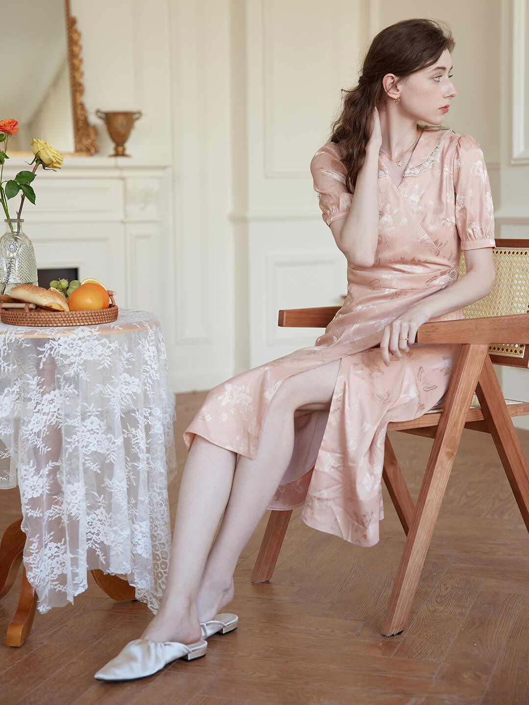 【Final Sale】Rose Floral Printed Pink Satin Tea Dress