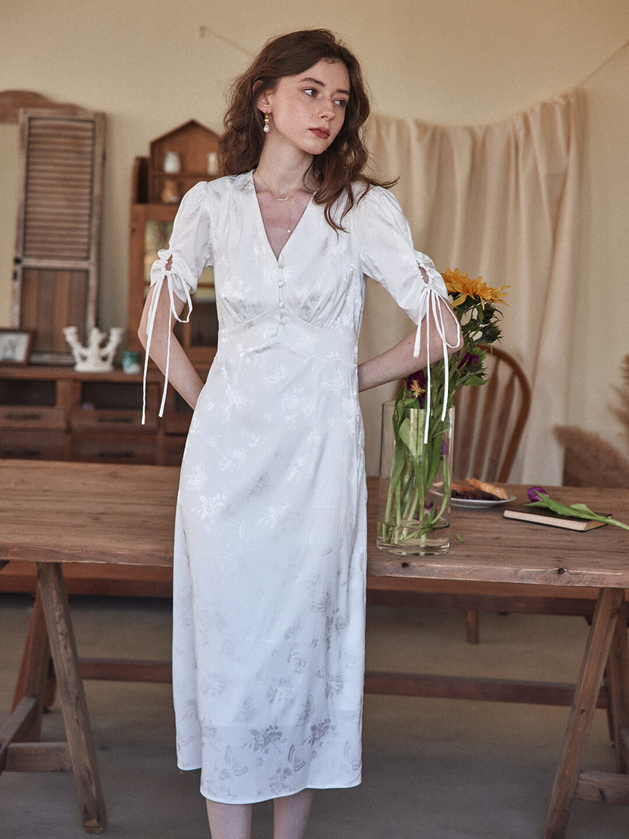 Kora Retro Floral Jacquard White Tea Length Dress – Simple Retro