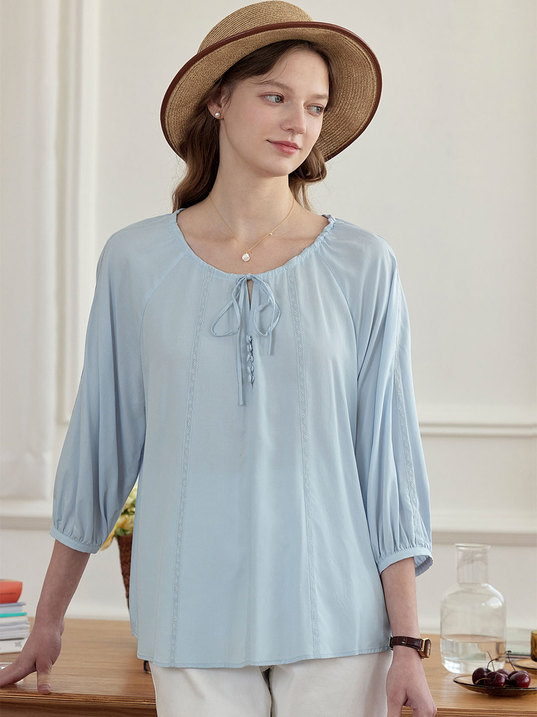 【Final Sale】Kenzie Cool Tencel Linen Light Blue Tie Blouse