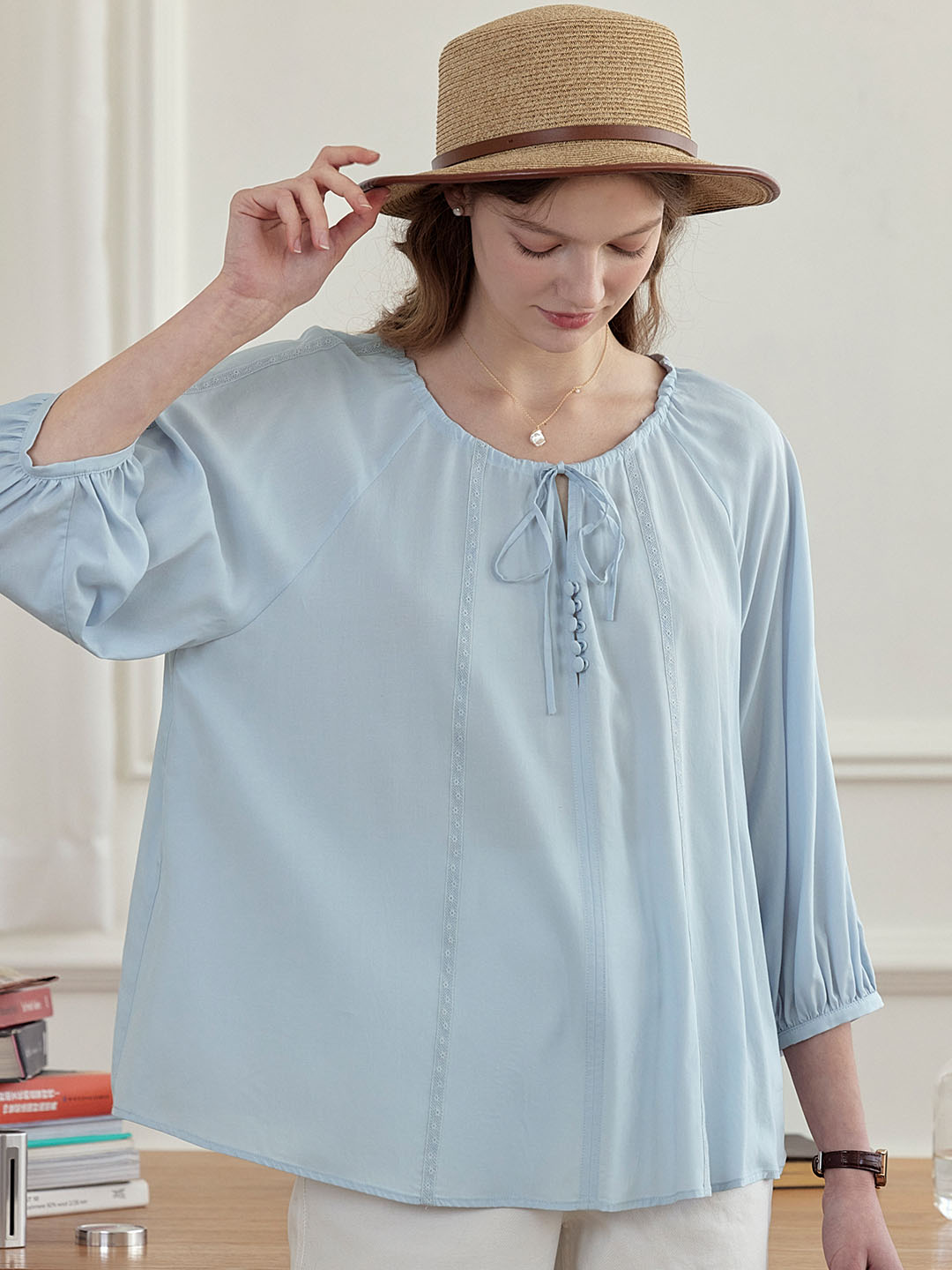 【Final Sale】Kenzie Cool Tencel Linen Light Blue Tie Blouse